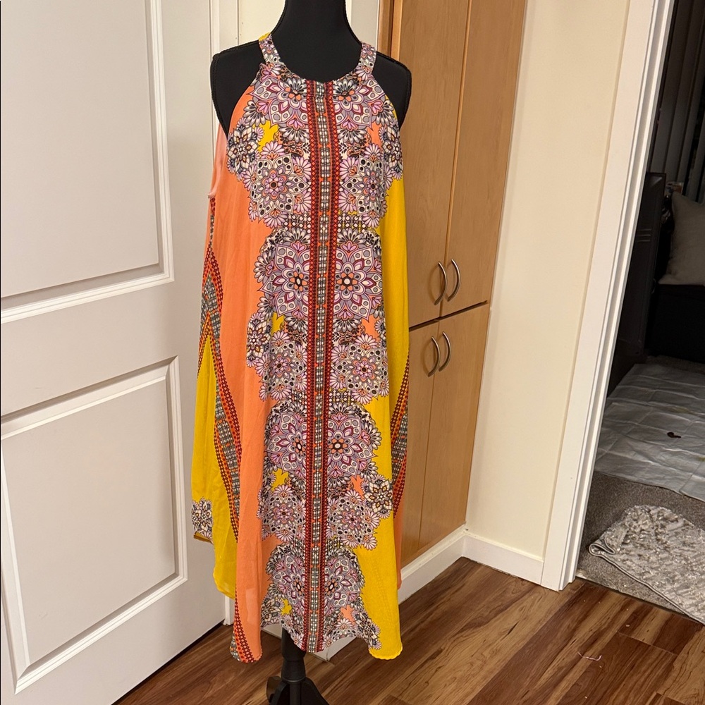 New York & Company Vibrant Orange and Yellow Asymmetrical Dress